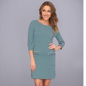 NWOT Lilly Charlene dress, navy/aqua stripe, sm